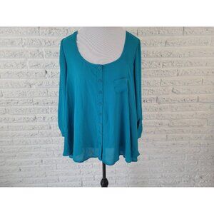 Valerie Stevens Womens Top 1X Plus Ruched 3/4 Sleeve Button Up Polyester BLU213E